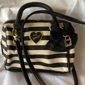 Betsey Johnson Black and Cream Striped Satchel